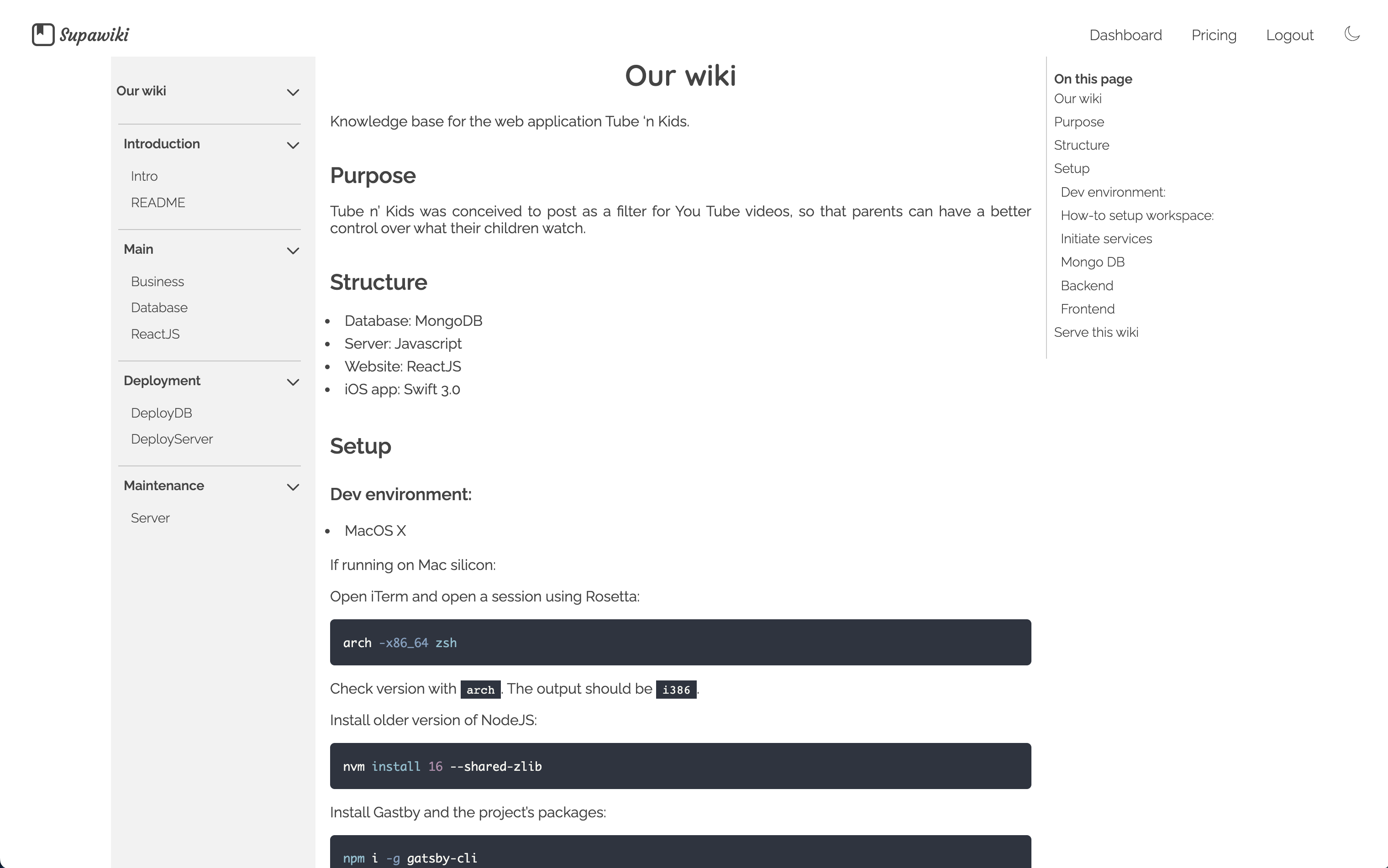 View of a wiki page created with Supawiki