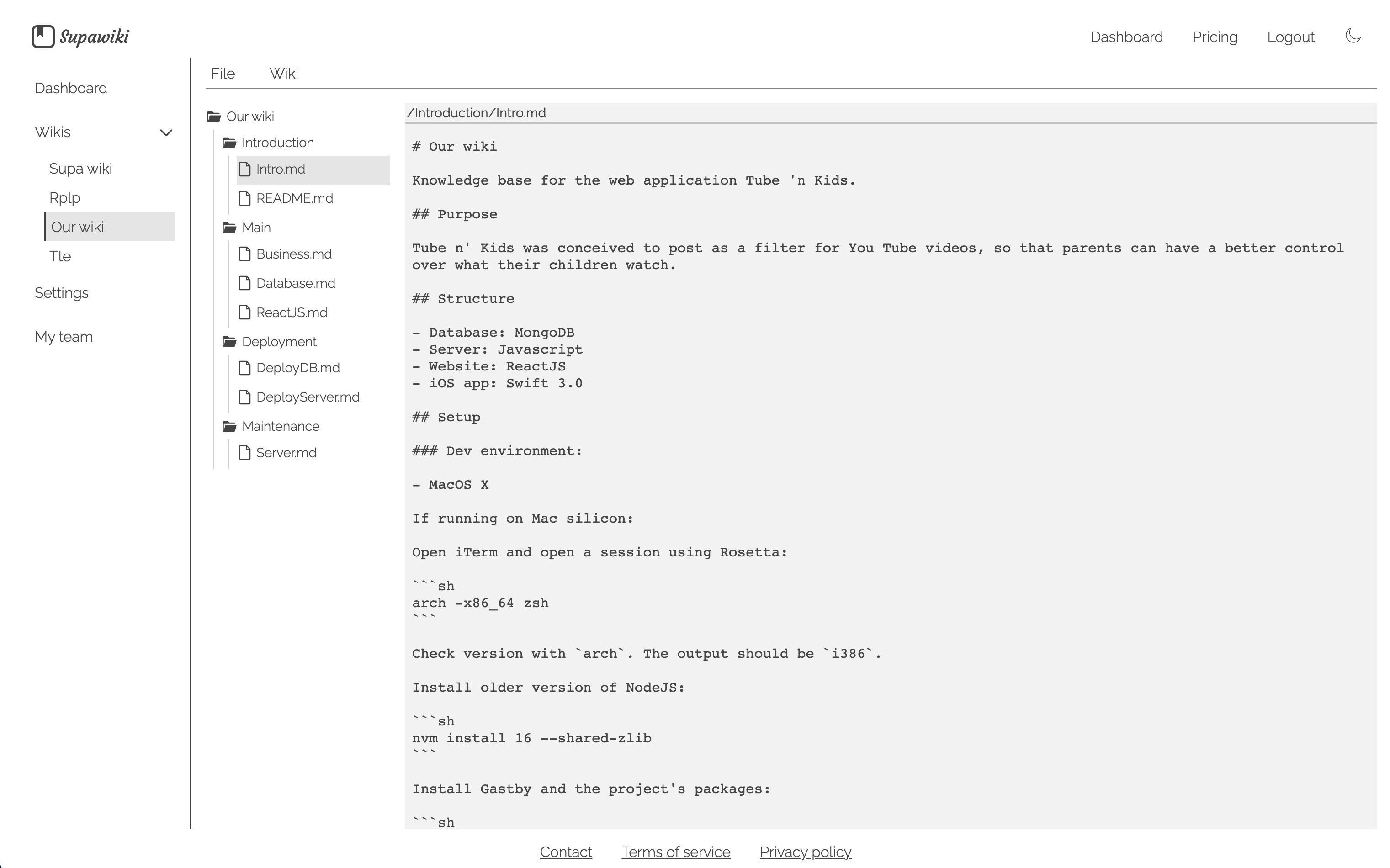 View of a markdown file being edited in Supawiki